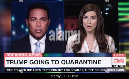 Washington, District of Columbia, USA. Oktober 2020. Ein Bildschirmabbild der Berichterstattung von CNN über aktuelle Nachrichten, die von DON LEMON und KAITLAN COLLINS berichtet wurden, dass Präsident Trump und die First Lady in Quarantäne gehen werden, nachdem Trumps Berater Hope Hicks für COVID-19 positiv getestet wurde. Kredit: CNN/ZUMA Wire/Alamy Live Nachrichten Stockfoto