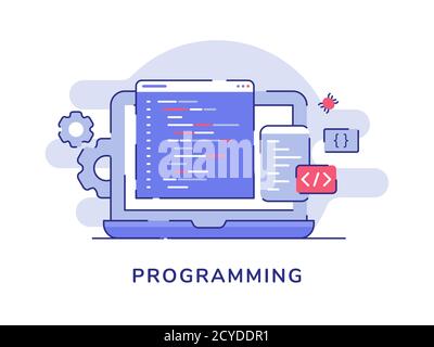 Programmierung Konzept Sprache Programm Code Codierung binär auf Display Laptop Weißer isolierter Hintergrund mit flacher Umrandung Stock Vektor
