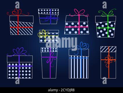 Vektor-Set von weißen Konturen Geschenke mit bunten Bändern und Schleifen. Stock Vektor