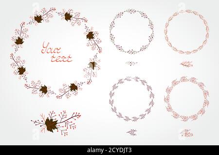 Vector Set von einfachen runden Rahmen mit Herbstblättern und Ästen. In dunkelgrün, burgunderrot und leuchtend orange. Stock Vektor