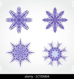 Vektor-Set von dekorativen runden Ornamenten, Schneeflocken. Designelemente in blauen Farben. Stock Vektor