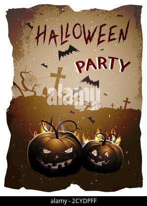 Vektor Halloween Illustration mit Kürbissen und handgezeichneten Schriftzug auf altem zerrissenen Papier Hintergrund. Stock Vektor