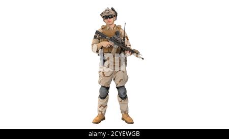 Glücklich junger Soldat reden und lächeln auf weißem Hintergrund. Stockfoto