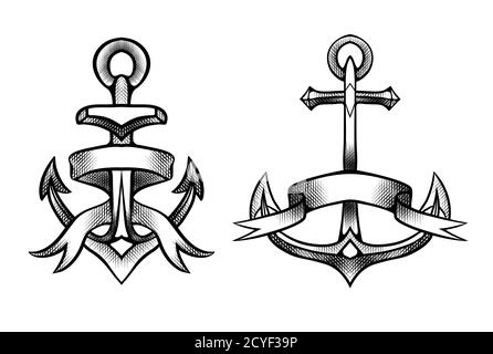 Vintage Gravuranker in schwarz-weiß mit Papierband. Umreißen Sie die handgezeichnete Illustration. Vektor-Element für Tattoos, Druck für T-Shirts, Stock Vektor