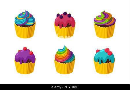 Cupcakes mit buntem und Regenbogenvereisung. Set von Cupcakes isoliert in weißem Hintergrund. Vektor-Illustration in niedlichen Cartoon-Stil Stock Vektor