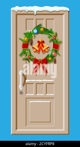 Weihnachten Türdekoration isoliert. Eingang zum Vorstadthaus mit Kranz, Glocken, Girlande Lichter dekoriert. Weihnachtsgrüße. Neujahr und Weihnachtsfeier. Flache Vektorgrafik Stock Vektor