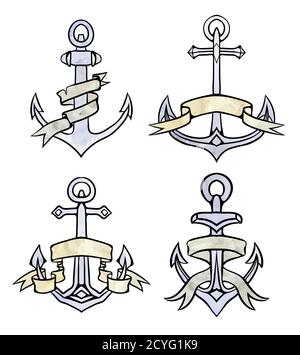 Set von Vintage mehrfarbigen Anker mit Papierband. Handgezeichnete Aquarellillustration. Vektor-Element für Tattoos, Druck für T-Shirts, Färbung, e Stock Vektor