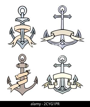 Set von Vintage mehrfarbigen Anker mit Papierband. Handgezeichnete Abbildung. Vektor-Element für Tattoos, Druck für T-Shirts, Färbung, Embleme und Stock Vektor