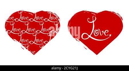 Set von roten Herzen mit Inschrift handschriftliche Liebe. Vektorelement für Ihr Design Stock Vektor