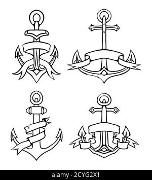 Set Vintage Anker in schwarz-weiß mit Papierband. Umreißen Sie die handgezeichnete Illustration. Vektor-Element für Tattoos, Druck für T-Shirts, Co Stock Vektor