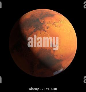 Planet Mars isoliert auf schwarzem Hintergrund Stockfoto