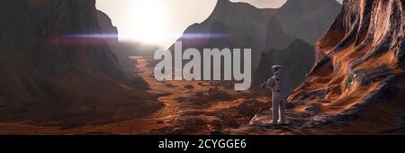 Astronaut auf dem Planeten Mars Beobachten der aufgehenden Sonne Stockfoto