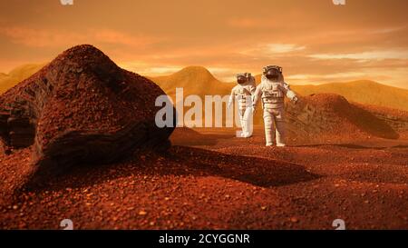 Astronauten auf dem Mars, Weltraumreisende erkunden die rote Landschaft auf der roten Welt Stockfoto