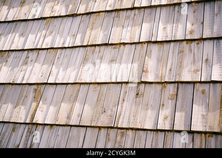 Nahaufnahme Textur von Holzplanken in Reihen, Holzdach auf einem Haus ausgekleidet. Stockfoto