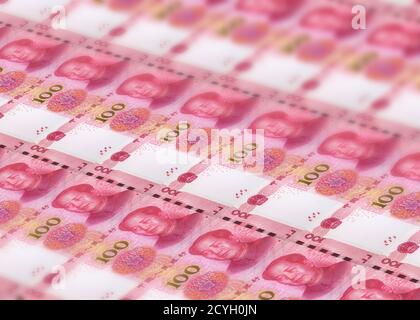Stapel Hintergrund von Millionen Banknoten von 100 chinesischen Yuan mit Mao Tse-tung Führer. Konzept des Gelddrucks aus der chinesischen Münzstätte chinesischer Banken Stockfoto