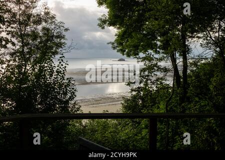 Der Blick von den Bäumen im Priory Bay Hotel über Priory Beach hinaus in den Ärmelkanal auf der Isle of Wight. 22. August 2016. Foto: Nei Stockfoto