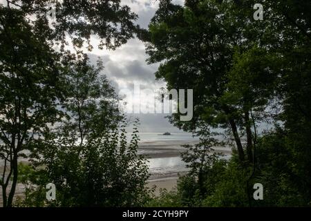 Der Blick von den Bäumen im Priory Bay Hotel über Priory Beach hinaus in den Ärmelkanal auf der Isle of Wight. 22. August 2016. Foto: Nei Stockfoto