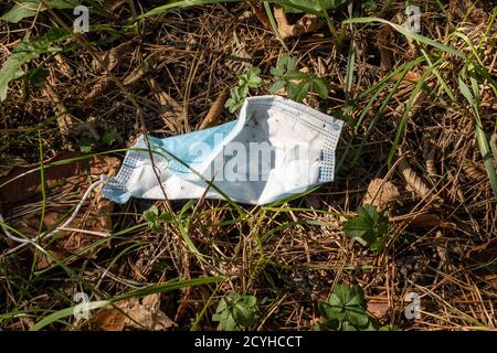 Leipzig, Deutschland. September 2020. Eine ausrangierte oder verlorene medizinische Gesichtsmaske liegt auf einer Wiese. Quelle: Peter Endig/dpa-Zentralbild/ZB/dpa/Alamy Live News Stockfoto