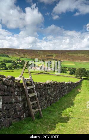 Im Spätsommer Sonnenlicht auf Stonebeck Gate Farm, Little Fryup Dale, North Yorkshire Moors National Park, Großbritannien. Stockfoto