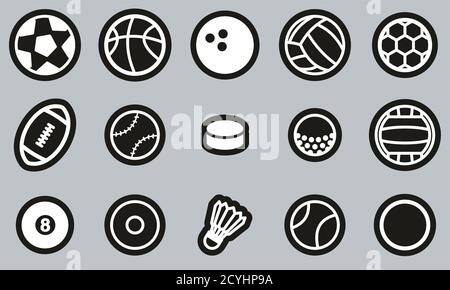 Ball Oder Ball Sport Icons Weiß Auf Schwarz Sticker Set Groß Stock Vektor
