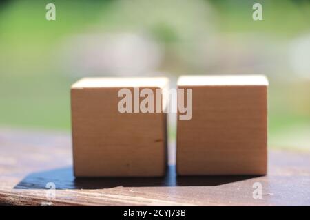 Zwei Holzwürfel auf Naturhintergrund. Trockenbau Konzept in der Wirtschaft oder Karriere Stockfoto