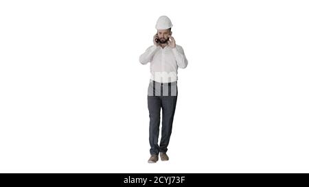 Architekt spricht am Telefon, während er auf weißem Hintergrund läuft Stockfoto