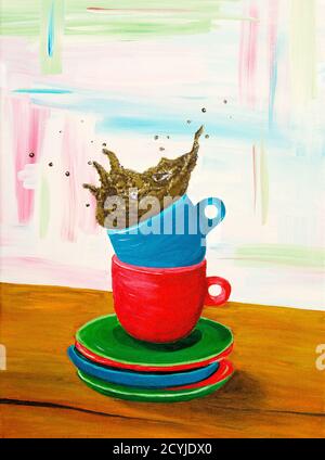 Original abstraktes Acrylgemälde von blauen und roten Tassen verschüttet Kaffee und schafft Splash auf canvas.Modern Impressionismus, Moderne, Marinismus Stockfoto
