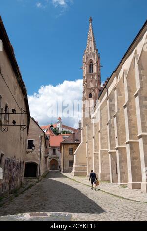 Mann zu Fuß in Bratislava, Slowakei, Europa mit Burg Bratislava im Hintergrund. Slowakische Hauptstadt mit historischem Zentrum und touristischem Denkmal Stockfoto