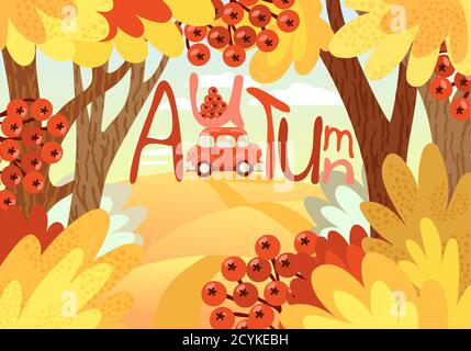 Herbstlandschaft mit Bäumen, Vogelbeeren und einem roten Auto im Hintergrund. Stock Vektor