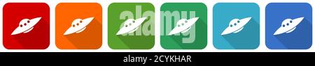UFO, Alien Raumschiff Icon Set, flaches Design Vektor Illustration in 6 Farben Optionen für webdesign und mobile Anwendungen Stock Vektor