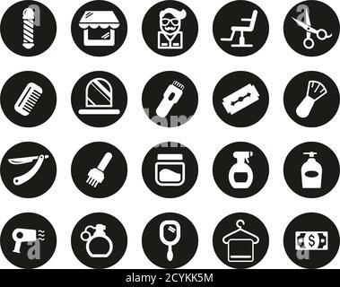 Barber Oder Barber Shop Icons Weiß Auf Schwarz Flat Design Kreis Groß Stock Vektor