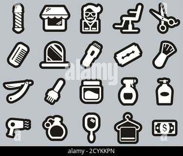 Barber Oder Barber Shop Icons Weiß Auf Schwarz Sticker Set Groß Stock Vektor
