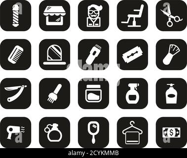 Barber Oder Barber Shop Icons Weiß Auf Schwarz Flat Design Groß Einstellen Stock Vektor