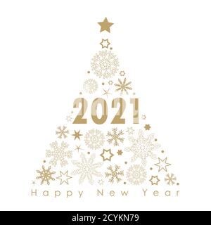 2021 goldener weihnachtsbaum mit Schneeflocken und Sternen auf einem Vektorgrafik mit schwarzem Hintergrund EPS10 Stock Vektor