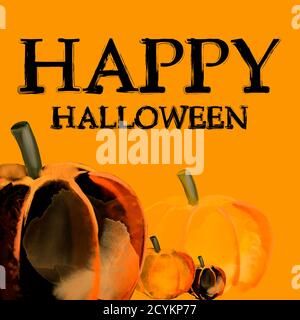 Aquarell Illustration Kürbisse auf orange mit Text Happy Hallowen Stockfoto