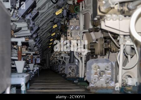 Blick auf das Innere eines französischen Militär-U-Bootes Stockfoto