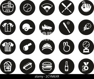 Baseball Icons Weiß Auf Schwarz Flat Design Kreis Set Groß Stock Vektor