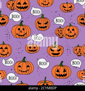 Niedliche Kürbisse nahtloses Muster mit Boo Text für Halloween. Niedliches Doodle-Design. Jack o Laterne Set. Lustige handgezeichnete Doodle, Textil-Grafik-Design. / Stock Vektor