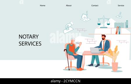 Notardienste Web-Banner-Vorlage mit älteren Mann flache Vektor-Illustration. Stock Vektor