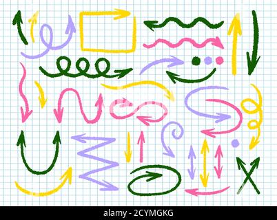 Pfeilkollektion handgezeichneter Stil. Entwurf des Zeichnungslinienelements. Stock Vektor