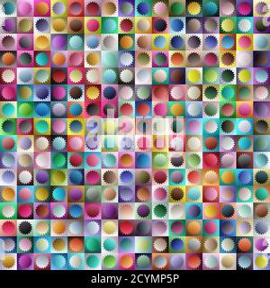 256 Stück bunte Starburst, Sunburst, Preisschild, Etikett und Aufkleber Symbol Hintergrund Set. Leere, leere Banner, Abzeichen, Etiketten und Tags, Knöpfe. Grad Stock Vektor