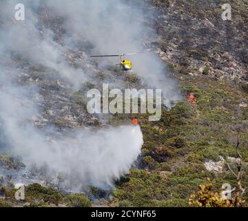 Ein Feuerwehrhubschrauber, der Wasser auf einem Fynbos-Wildfeuer ablässt Südafrika Stockfoto