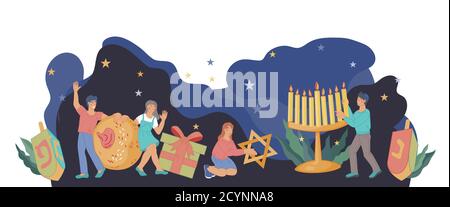 Weihnachtsbanner mit niedlichen Kindern feiern Hanukkah, flache Vektor-Illustration. Stock Vektor