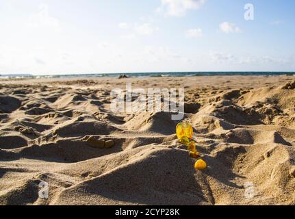 Bernstein im Sand vor dem Hintergrund der Meereswellen. Stockfoto