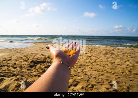 Bernstein im Sand vor dem Hintergrund der Meereswellen. Stockfoto