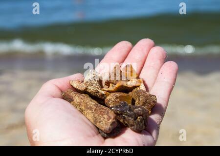 Bernstein nicht in Sand vor dem Hintergrund der Meereswellen verarbeitet. Stockfoto