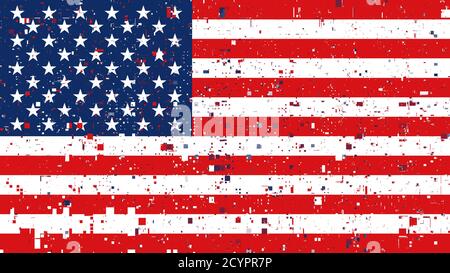 Original amerikanische Flagge. USA Hintergrund. Künstlerische Wirkung, lustige US-Flagge. Pixel. Geek. Trendy Retro Glitch einzigartigen Hintergrund. Stockfoto