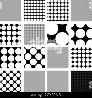 16 Satz von nahtlosen, kachelbaren, wiederholbaren Kreisen, Punktmuster. Punktmuster, Flecken, Vektorgrafik. Wiederholbare schwarze und weiße Kreise pa Stock Vektor