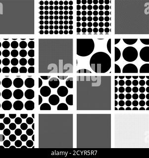 16 Satz von nahtlosen, kachelbaren, wiederholbaren Kreisen, Punktmuster. Punktmuster, Flecken, Vektorgrafik. Wiederholbare schwarze und weiße Kreise pa Stock Vektor