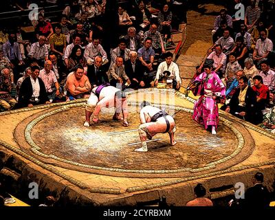 Richter und Sumo-Ringer beim Tokyo Grand Sumo Turnier, Japan Stockfoto